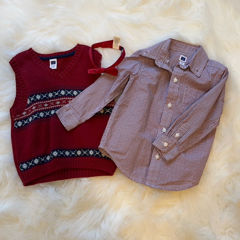 Janie and Jack sweater vest, shirt, and bowtie for baby boy